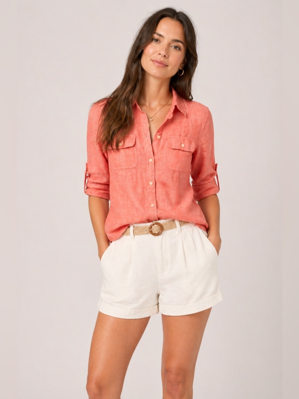 Banana Republic Coral Linen Button Down Shirt Roll Tab Sleeve Utility Top Size 4
